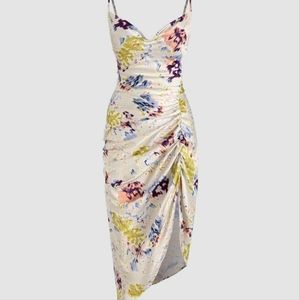 Illusion Floral Ruched Cowl Neck Midi Dress